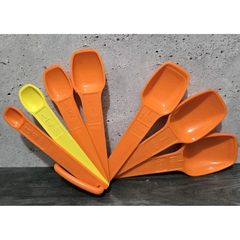 Vintage Multicolored Tupperware Measuring Spoons Set of 7 Retro Kitchen Orange